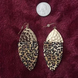 Leopard Print Wood & Shiny Gold Toned Earrings